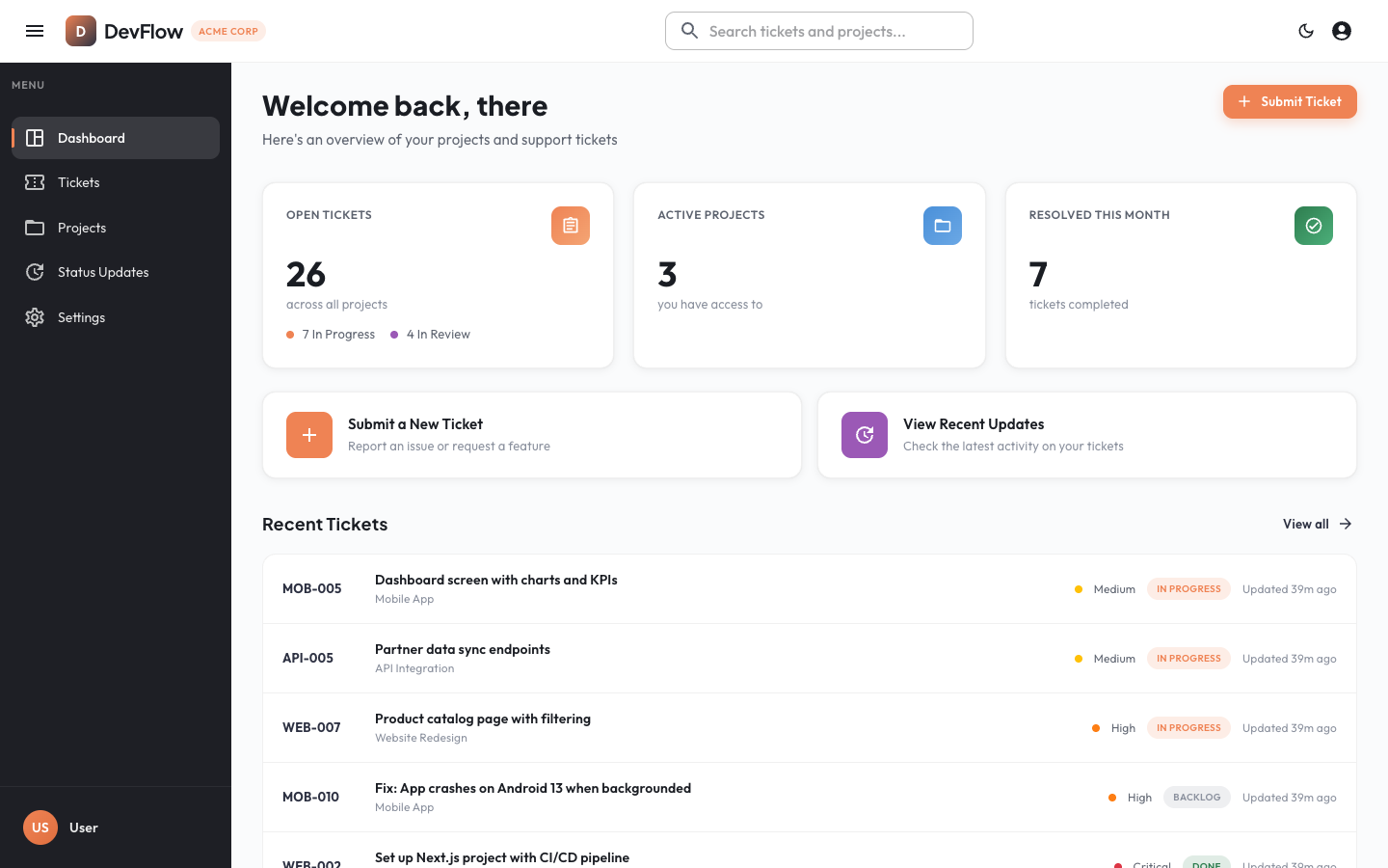 DevFlow client portal showing project status and activity