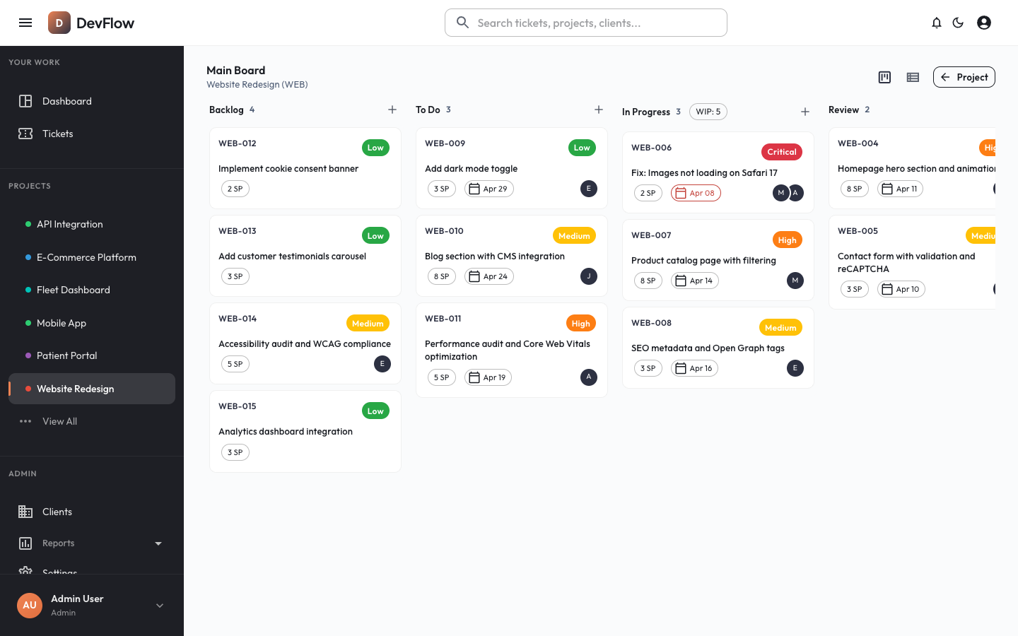 DevFlow Kanban board showing project tickets across workflow columns